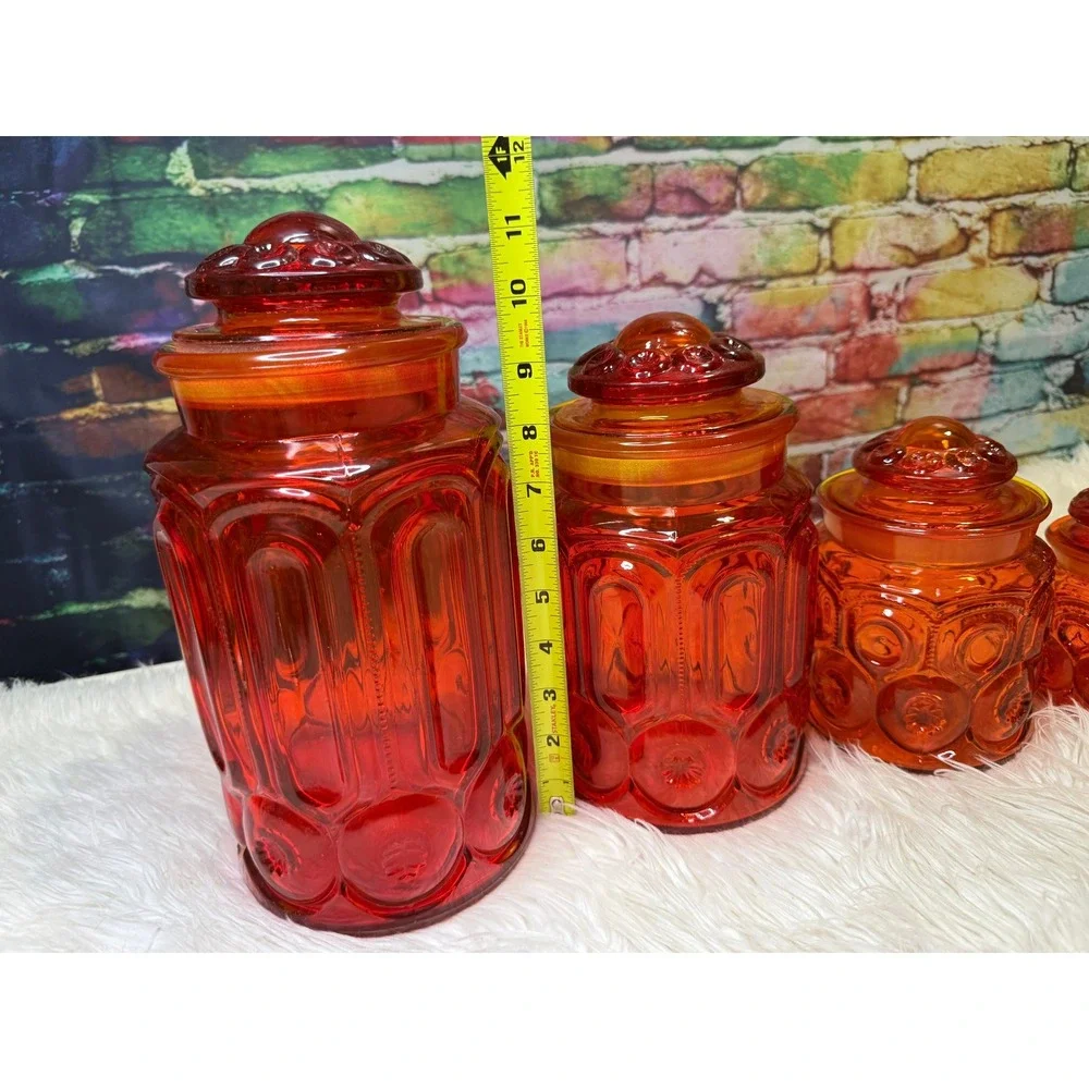 Vintage LE Smith Moon and Star Amberina Red UV Reactive Glass Canister Set 4pc